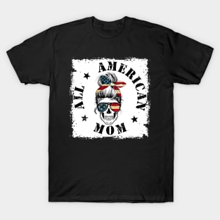 Messy Bun Skull All American Mom Mama Mothers Day 4th T-Shirt